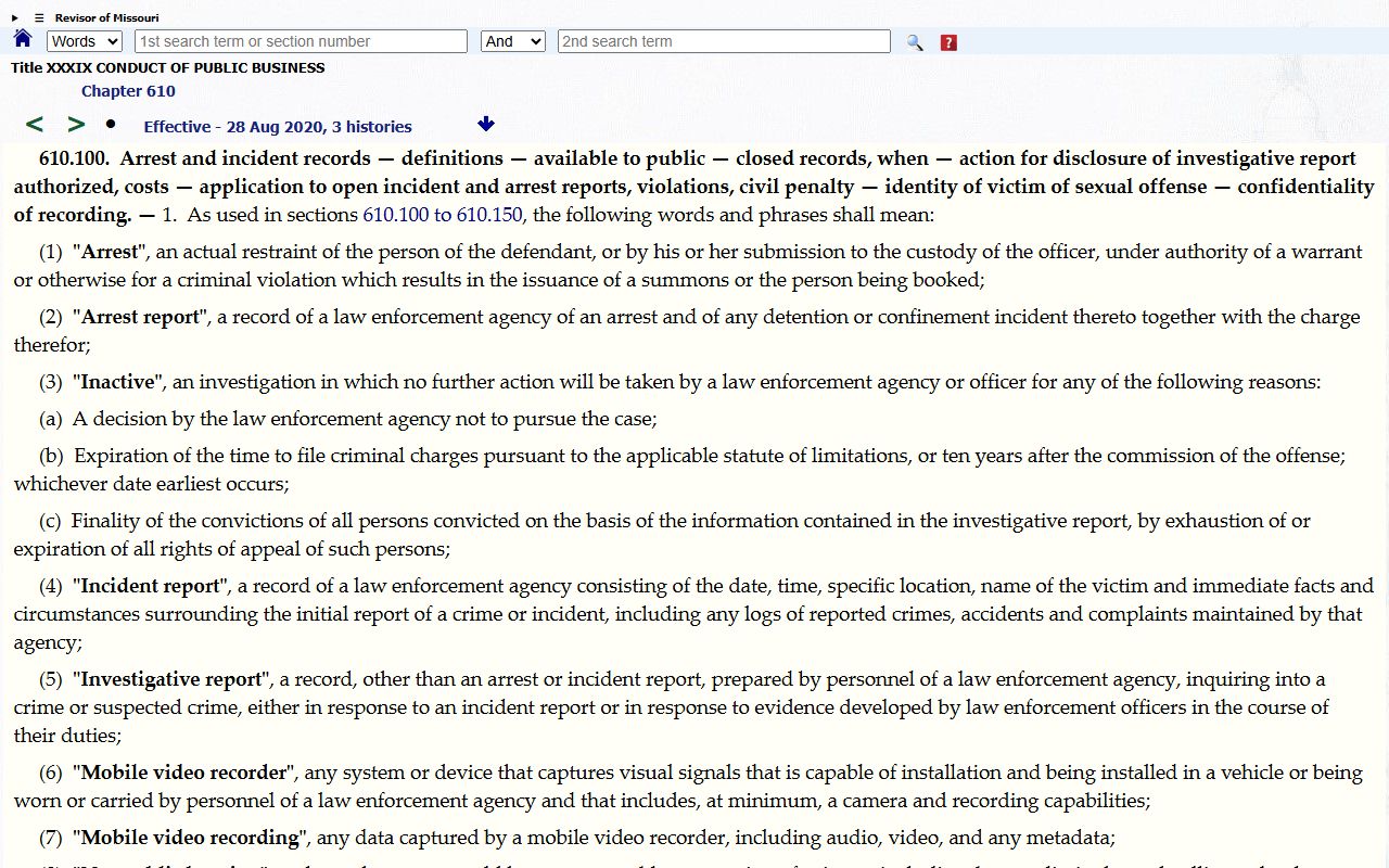 Missouri statute for Reynolds County inmate arrest records